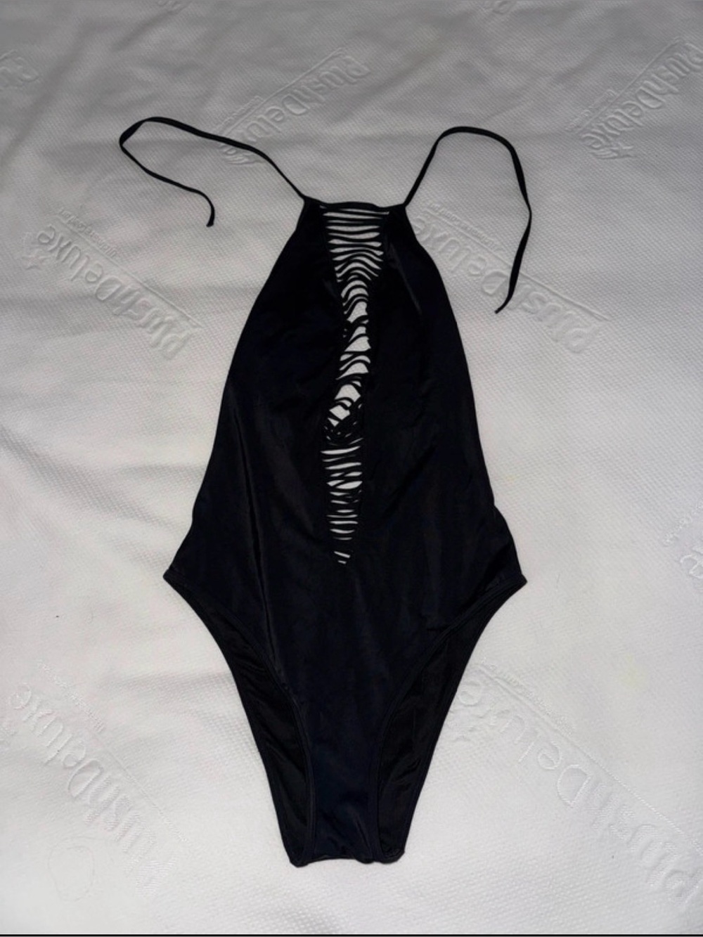 Victoria's Secret Black Slit Macrame Ladder Cutout Halter One Piece Swimsuit M